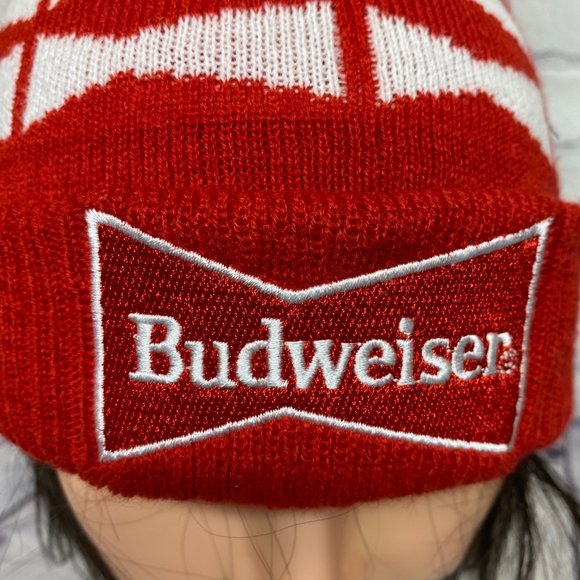 Budweiser Beanie Hat Cap Red White Diamond Pattern Winter Toque Knit POM Top - Picture 5 of 8